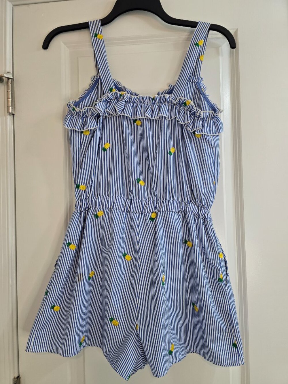 Hummingbird Blue Striped Romper With Embroidered Pineapple Print - Picture 5 of 7